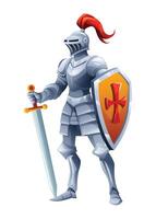 Knight in armor holding sword and shield, standing in a strong pose. Cartoon character illustration vector