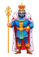 King in regal attire with a crown, holding a scepter in a commanding stance. Cartoon character illustration vector