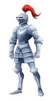 Knight character in full armor with a red plume, standing proudly in a heroic pose. Cartoon illustration vector