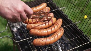 Roast wiener on a barbecue grill on charcoal. Cook turns over hot grilled sausages with a food tong in the garden in summer. Delicious food for a picnic. video