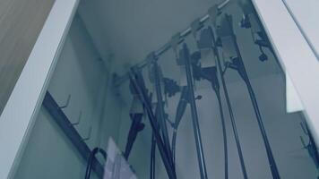 Medical equipment in clinic. All necessary surgical instruments in a wardrobe in operating room. video