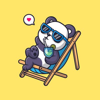 Cute Panda Relaxing On Bench and Drink Orange Juice Cartoon