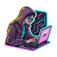 Digital Hacker in Hoodie Using Laptop with Neon Background and Transparent Elements png