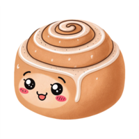 Cute Cinnamon Roll Character with Smiling Face and Swirled Frosting on Transparent Background png
