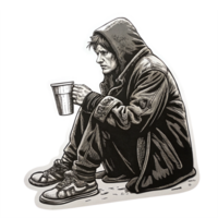 Homeless Person Sitting with Cup in Hands Depicting Struggles and Resilience on Transparent Background png