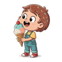 Happy Child Enjoying Colorful Ice Cream Cone with Sprinkles and Cherry on Top png