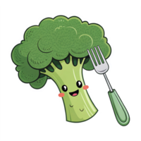Cute Cartoon Broccoli Character with Fork Smiling on Transparent Background png
