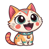 Cute Cartoon Cat with Big Eyes and Colorful Patterns Smiling on a Transparent Background png