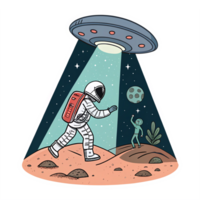 Astronaut Encountering Alien in UFO Beam on Planet Surface with Space Elements png