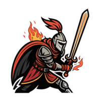 Fierce Knight Warrior with Flaming Sword in Dynamic Battle Pose Transparent Background png