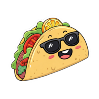 Happy Taco Character Wearing Sunglasses with Colorful Ingredients on Transparent Background png