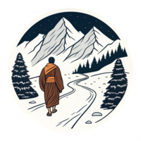 Monk Walking Path Through Snowy Mountains with Trees in Circular Design png