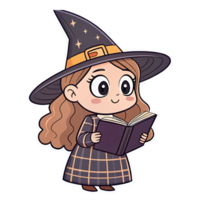 Cute Cartoon Witch Reading Book with Starry Hat for Halloween and Fantasy Design Projects png