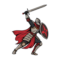 Armored Knight Raising Sword in Bold Battle Stance with Shield and Flowing Red Cape on Transparent Background png