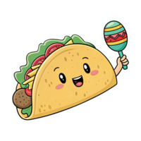 Cheerful Taco Character Holding Maraca in Colorful Style with Transparent Background png