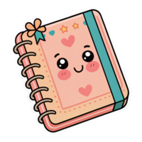 Adorable Cute Kawaii Notebook with Smiling Face and Decorative Elements on Transparent Background png