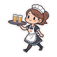 Cheerful Waitress Carrying Drinks on Tray in Modern Flat Design with Transparent Background png