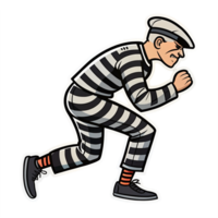 Running Prisoner Character in Striped Uniform with Cap and Red Socks on Transparent Background png