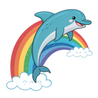 Joyful Dolphin Jumping Over Rainbow with Clouds in Transparent Background Fun and Whimsical png