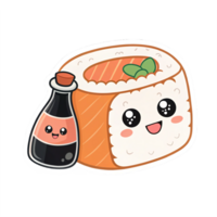 Cute Kawaii Sushi Roll Character with Smiling Face and Soy Sauce Bottle on Transparent Background png