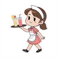 Cheerful Waitress Carrying Tray with Colorful Drinks in Retro Style on Transparent Background png