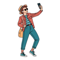 Fashionable Young Man Taking Selfie with Smartphone in Trendy Outfit on Transparent Background png