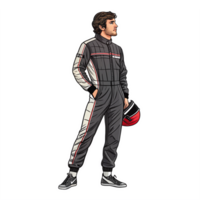 Racing Driver in Modern Racing Suit with Helmet and Contemplative Expression on Transparent Background png
