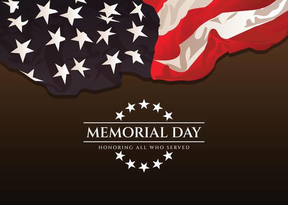 Memorial Day design with Honoring All Who Served text and American flag on a dark background for social media post, banner, or greeting card.