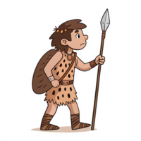 Cave Explorer Character with Spear and Shield in Primitive Attire on Transparent Background png
