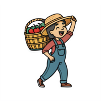 Cheerful Farmer Carrying Basket of Fresh Tomatoes in Colorful Cartoon Style with Transparent Background png