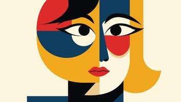 A Stylized Woman Portrait Composed Entirely of Geometric Shapes and Vivid Primary Colors Reflecting Bold Modern Abstract Artistic Expression. vector