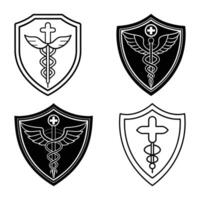 Medical Shield Emblem Set Caduceus and Cross Healthcare Symbols in Design vector