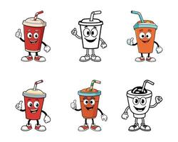Set of Cartoon Soda Cup Characters Funny Drink Mascot Illustrations in Color and Outline Versions vector