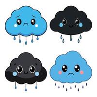 Set of Cute Cartoon Rainy Clouds Sad and Crying Weather Characters vector