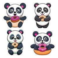 Set of Cute Cartoon Pandas with Donuts Kawaii Animal Illustration vector