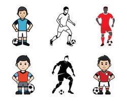 Set of Soccer Player Illustrations Cartoon and Silhouette Football Characters with Ball in Various Poses vector