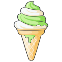 Swirled green and white ice cream in a waffle cone, dripping slightly, set against a black background. png
