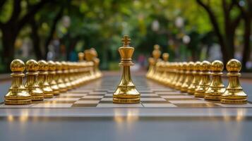 Golden Chess A Kings Strategy in a Natural Setting outdoor chess pieces chess board gold strategy photo
