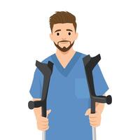 Man in medical scrubs stands with a pair of crutches, symbolizing recovery, resilience, and care. vector