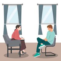 Man sits across from a psychologist engaging in a thoughtful conversation during a therapy session. vector