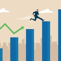 Businessman in a suit leaps upward across rising bar graphs, progress in a competitive environment. vector