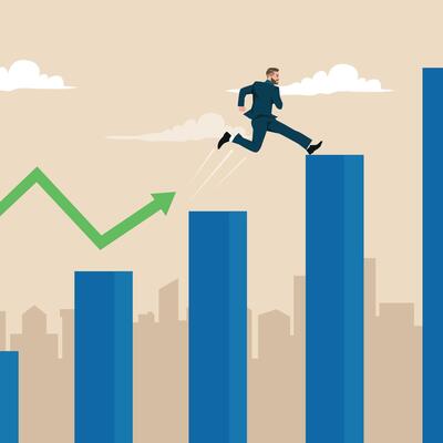 Businessman in a suit leaps upward across rising bar graphs, progress in a competitive environment.