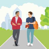 Young men walk through a park-like campus, enjoying a friendly conversation while holding books. vector