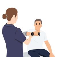 Therapist supports an older man's arm while he performs a rehabilitation exercise using a dumbbell. vector