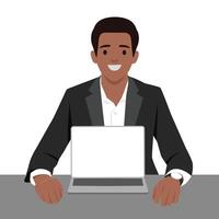 Smiling man in a black suit sits at a desk with a laptop, representing focus, professionalism. vector
