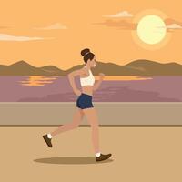 Woman enjoys a refreshing jog along a scenic waterfront path as the sun sets behind the mountains. vector