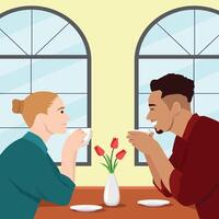 Couple enjoys a warm beverage together at a cozy cafe table, sharing laughter and quality time. vector