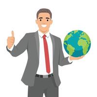 Smiling businessman in a suit confidently holds a globe in one hand and gives a thumbs up. vector
