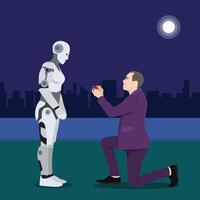 Man kneels propose to a humanoid robot under starry night, human love and artificial intelligence. vector