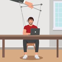 Man works at a laptop while being manipulated like a puppet by an oversized hand above. vector